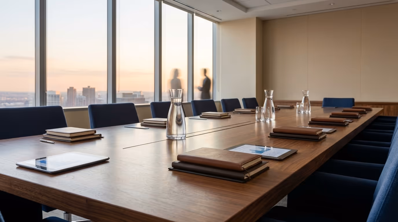 Sala konferencyjna przygotowana do spotkania, panorama miasta za oknami od podłogi do sufitu.