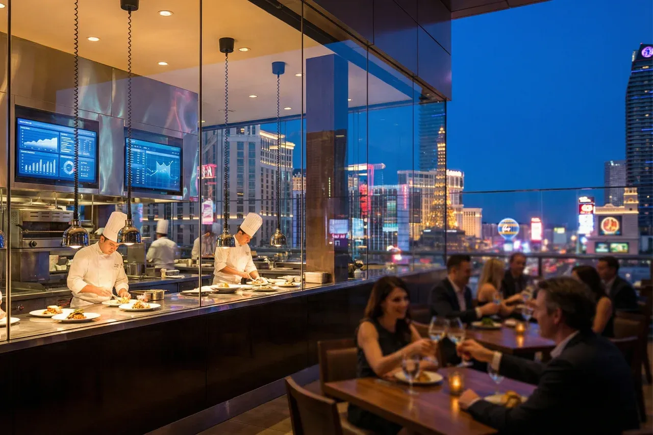 Luxury Las Vegas Strip restaurant with open kitchen and digital analytics screens, illustrating food-tech innovation, high-revenue hospitality models, and scalable restaurant operations in Nevada’s performance-driven market.